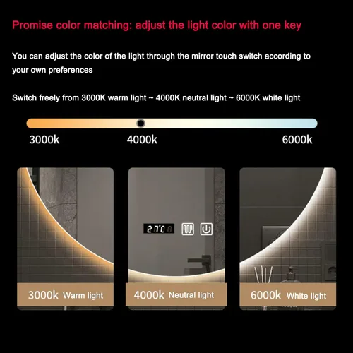 Vista 5 de Espejo de pared irregular sin marco con luz LED, espejo de baño retroiluminado con LED tricolor regulable, espejo de maquillaje asimétrico con gotas