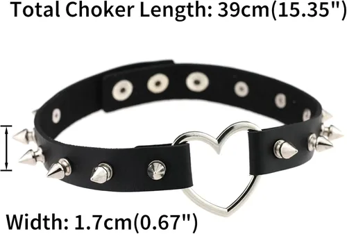Vista 3 de FM FM42 Multicolor Simulated Leather PU Black-toneSilver-tone Heart Ring Rivet Spiked Necklace Neckband Choker