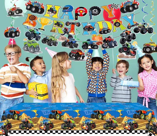 Vista 7 de Decoraciones de cumpleaños de Monster Truck incluyen 2 manteles, pancarta de cumpleaños, remolinos colgantes, calcomanías y guirnalda (Monstertruck)