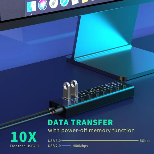 Vista 5 de Hub USB alimentado, divisor USB 3.0 de 8 puertos con 4 puertos de datos rápidos (2 USB-A 3.0 y 2 USB-C), 4 puertos de carga, adaptador de corriente