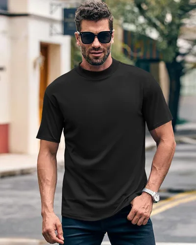 Vista 5 de Wihion Camiseta de cuello alto falso para hombre, camiseta acanalada de manga corta con cuello alto