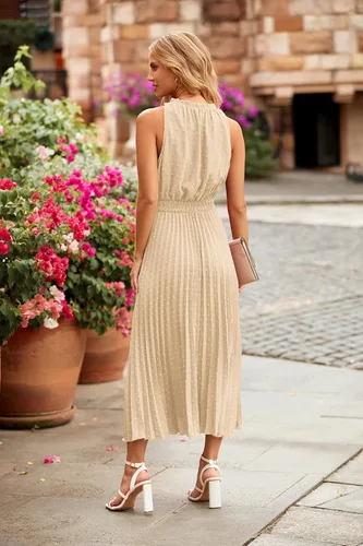 Vista 5 de PRETTYGARDEN Vestido de verano midi para mujer, casual, cuello en V, lunares suizos, volantes, sin mangas, acampanado, vestido de playa