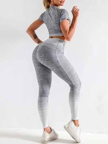 Vista 2 de FeelinGirl Conjuntos de entrenamiento de 2 piezas para mujer, sin mar, manga corta, trajes de yoga acanalados, leggings de cintura alta