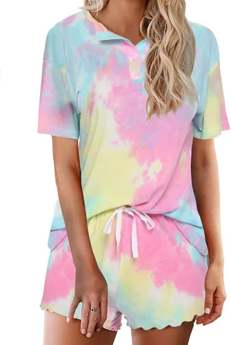 Vista 20 de Ekouaer Conjunto de pijamas teñidos con técnica tie dye para mujer, ropa de dormir, 2 piezas, conjuntos de pijamas, ropa de relajación A-tie Dye