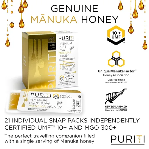Vista 4 de PURITI UMF 10+ (MGO300+) 21 paquetes individuales a presión de 0.18 onzas, palitos de miel de una sola porción para té, viajes y aperitivos