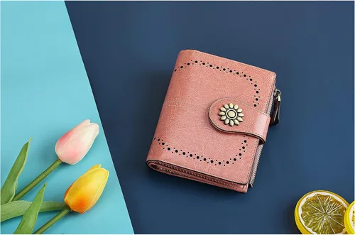 Vista 5 de Lavemi Cartera de cuero para mujer, pequeña, compacta, con bloqueo RFID, con bolsillo con cremallera