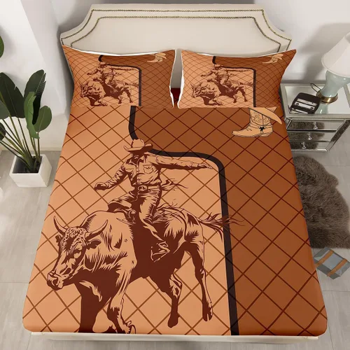 Vista 8 de Juego de ropa de cama de silueta de caballo vaquero, tamaño individual, sábana bajera ajustable de microfibra suave de microfibra suave con diseño
