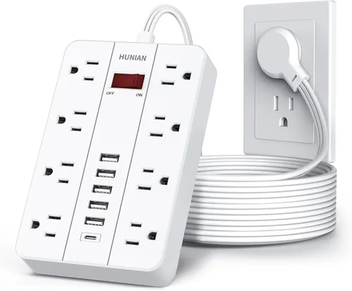 Vista 12 de Tira de alimentación con puertos USB, cable de extensión HUNIAN de 5 pies con enchufe plano y 8 tomas, cargador de 6 USB (1 puerto USB C), protector