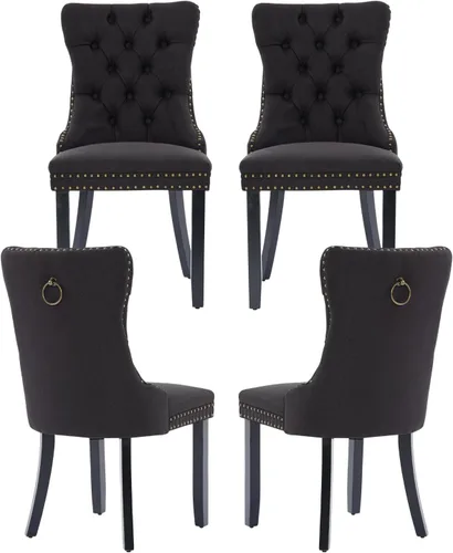 Vista 44 de Juego de 2 sillas de comedor de terciopelo, silla de comedor tapizada de alta gama con tirador de anillo en la espalda, adorno de clavos y patas
