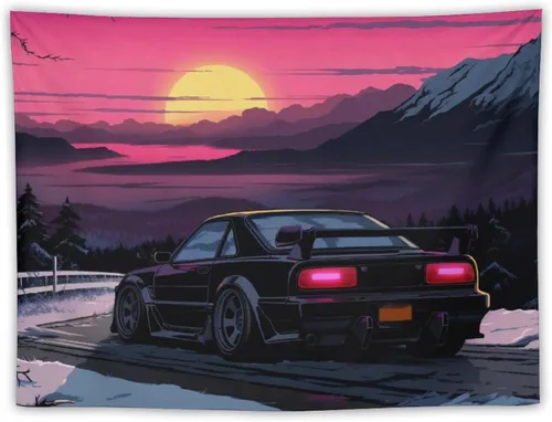 Vista 9 de QEOPGNE Tapiz de pared grande Jdm Anime Sunset Japanese Car S13, tapiz de pared para dormitorio, sala de estar, decoración estética, tapices de 30 x