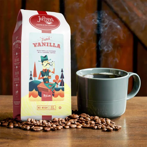 Vista 3 de Joffrey's Coffee - Vainilla francesa, café saborizado, tostado medio artesanal, granos arábica, sabor a natillas de vainilla y caramelo, sin gluten
