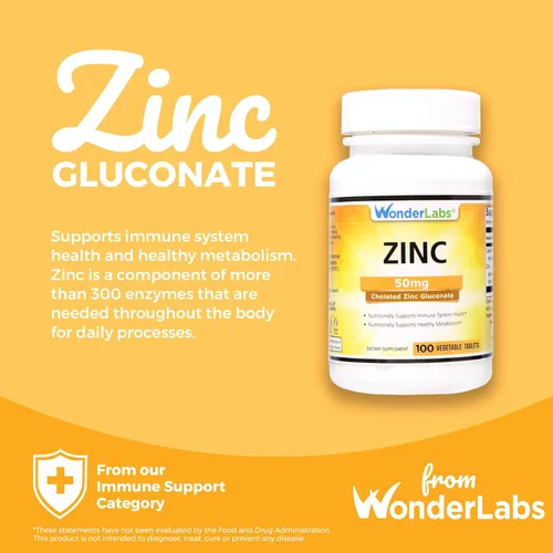 Vista 4 de Wonder Laboratories Gluconato de zinc quelatado de 50 mg - Apoya la piel sana, el sistema inmunológico, el crecimiento celular y más - 100 tabletas