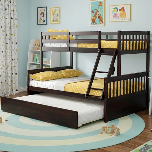 Vista 3 de KOMFOTT Litera de Madera Twin Over Full con Cama Nido, Marco de Cama con Marco de Madera de Pino Maciza, Litera que Ahorra Espacio con Escalera