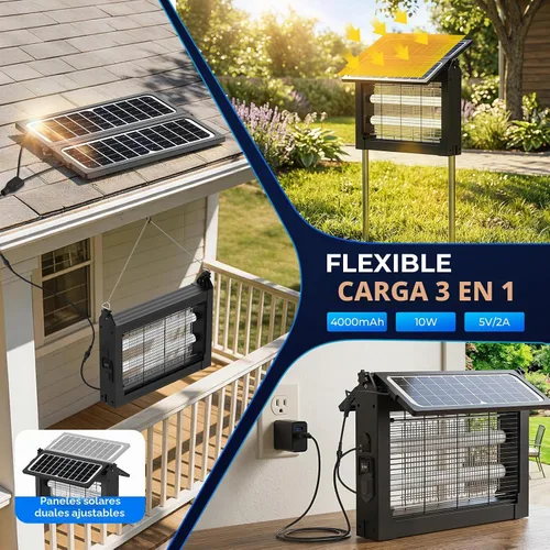 Vista 3 de Exterminador solar de insectos, 4500 V exterminador de mosquitos Panel solar dual y matamosquitos recargable eléctrico USB, modo automático, 3 Negro