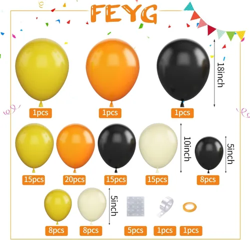 Vista 2 de Kit de guirnalda de globos, kit de arco de globos retro naranja, negro y amarillo, arco de globos de construcción, globos de látex para fiesta