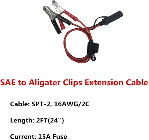 Vista 2 de Clips SAE a Cocodrilo – Abrazadera de cargador de batería de 2 pies, cable de extensión de cargador de goteo de 12 V-24 V, cable de extensión