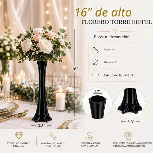 Vista 2 de pack de 12, jarrones de la Torre Eiffel para centro de mesa, flores, bodas, decoración. (40,6 cm, negro)