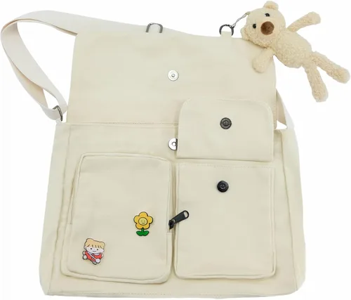 Vista 8 de Bolso cruzado de lona con alfileres Kawaii y colgante bolso de mensajero casual para estudiantes mochila escolar para niñas y mujeres