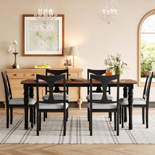 Vista 3 de Juego de mesa retro de comedor de cocina de 7 piezas, mesa extensible de madera maciza de 60 a 78 pulgadas con hojas extraíbles y 6 sillas