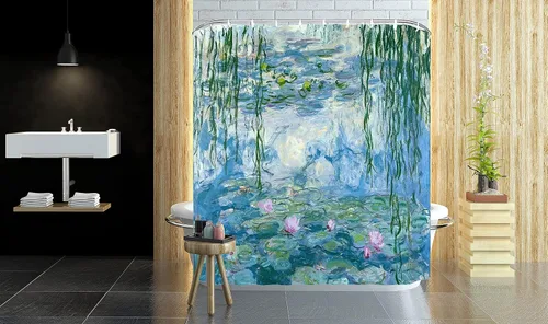 Vista 3 de Juego de cortina de ducha con pintura famosa, pintura al óleo, arte clásico retro monet, lirio de agua, Van Gogh, noche estrellada, girasol
