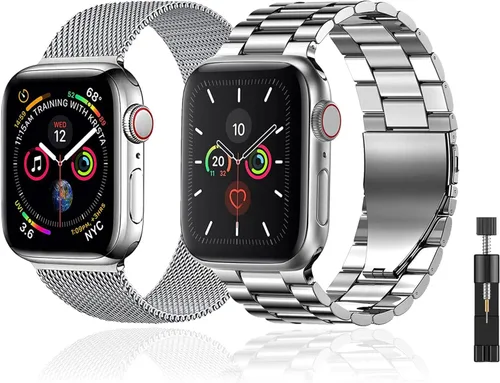 Vista 13 de Paquete de 2 correas de metal compatibles con Apple Watch Band 38/40/41/42/44/45/46/1.929 in, acero inoxidable y malla milanesa para iWatch Band