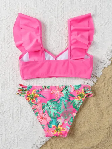Vista 2 de Romwe Traje de baño de 2 piezas para niña, con estampado floral, cuello en V, con volantes