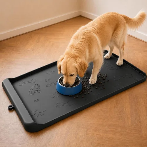 Vista 12 de Tapete para Comida de Perro - Tapete de Silicona para Perro para Comida y Agua - 36" x 24" Tapetes Grandes de Alimentación para Mascotas con Azul