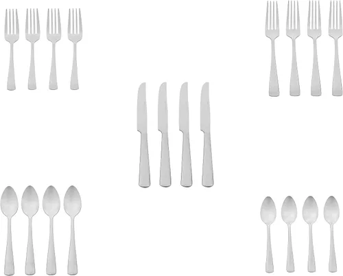 Vista 5 de Amazon Basics - Juego de cubiertos de acero inoxidable con borde cuadrado, 20 piezas, servicio para 4, plateado