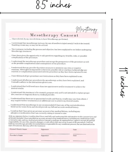 Vista 6 de Formulario de ingesta de mesoterapia, consentimiento y cuidado posterior Paquete de 75 Formularios A1 de 8.5 x 11 pulgadas Firma de clientes