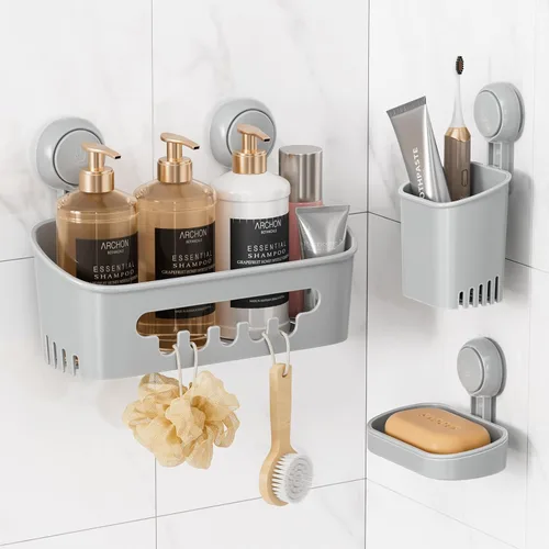 Vista 13 de LEVERLOC Organizador de ducha con ventosa, estante de baño negro con gancho y soporte para jabón, organizador de baño sin taladro