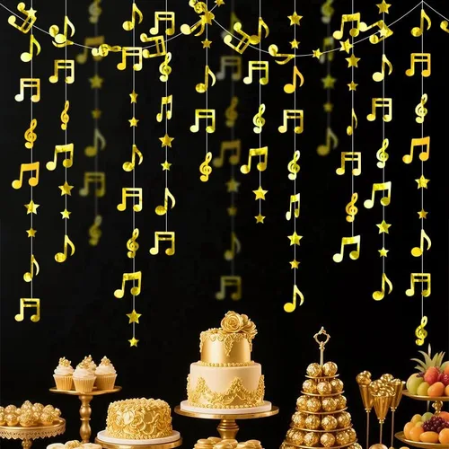 Vista 10 de Guirnalda colgante de estrella negra con notas musicales brillantes, decoración de techo para cumpleaños, baby shower, fiesta, concierto, boda