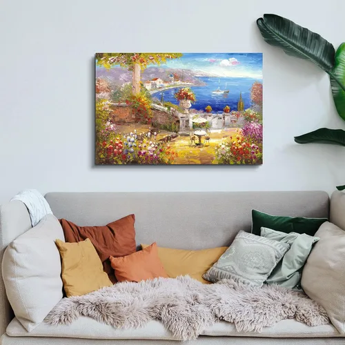 Vista 4 de Arte de pared en lienzo mediterráneo, arte de pared de Italia, arte de café italiano y de París, pinturas al óleo, imagen de paisaje marino
