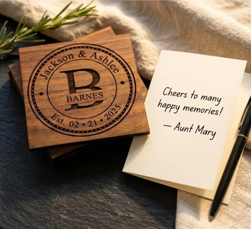 Vista 8 de Posavasos personalizados para regalos de boda, o juegos de posavasos de madera personalizados Opciones de juego de posavasos personalizados