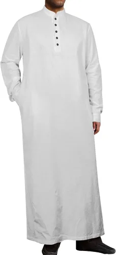 Vista 10 de Jacansi Túnica larga con botones musulmanes para hombre, de gran tamaño y extra larga, estilo árabe con bolsillos Verde militar