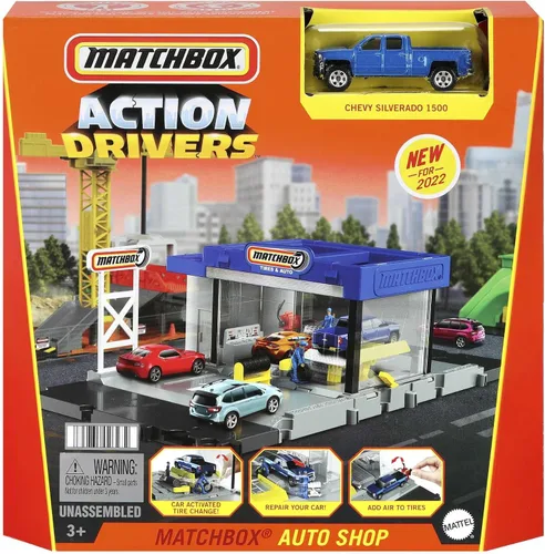 Vista 6 de Matchbox Action Drivers Auto Shop Playset con 1 Chevy Silverado, piezas móviles y figuras, juguete para niños de 3 años en adelante