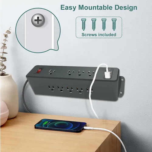 Vista 6 de Regleta de alimentación de montaje en pared de 9 salidas con USB C HdcTek Extensor de salida de doble cara, puertos USB-A de carga rápida y 1 puerto