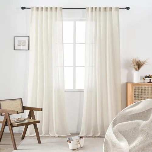 Vista 9 de 2 paneles de cortinas de lino transparente natural de 45 pulgadas, color beige para ventanas pequeñas, bolsillo con pestaña trasera, cortinas cortas
