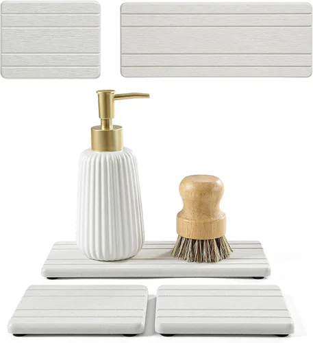 Vista 9 de Paquete de 2 bandejas de fregadero de piedra de diatomita, tapete de grifo absorbente de agua para encimera de cocina y baño, jabonera decorativa