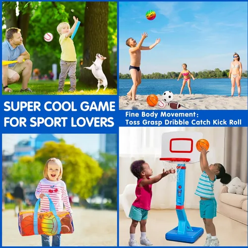 Vista 6 de 5 Pack Set de pelotas deportivas para niños con bolsa, juguetes al aire libre para niños de 1 a 3 años, fútbol, baloncesto, béisbol, voleibol