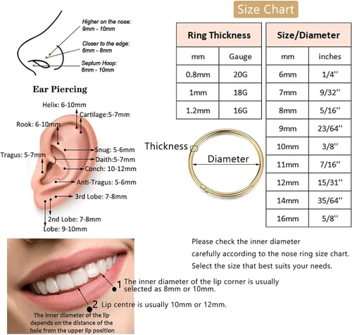 Vista 6 de Juego de 5 aretes para nariz calibre 20G, 18G y 16G, de acero quirúrgico 316 L, piercing para trago, tabique y cartílago, para mujeres y hombres