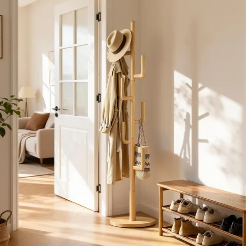 Vista 9 de Perchero independiente de madera maciza de cactus con 6 ganchos en forma de L y 3 tamaños ajustables, perchero para dormitorio, entrada, sala