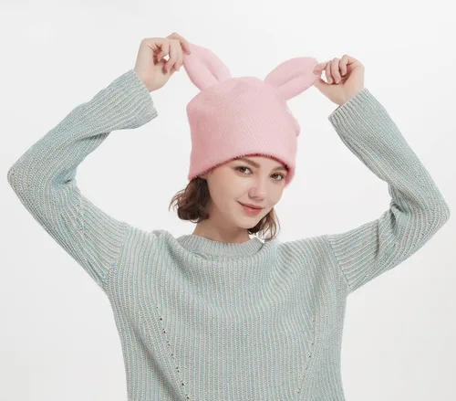 Vista 2 de Gorro de invierno con orejas de conejo 3D, gorro de ganchillo para mujeres y niñas