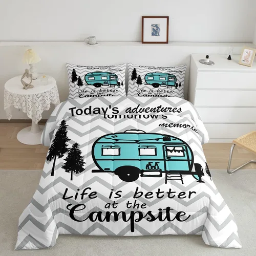 Vista 28 de Erosebridal Juego de edredón de cabaña de cabaña, juego de ropa de cama individual para niños, edredón de campamento con temática de campamento