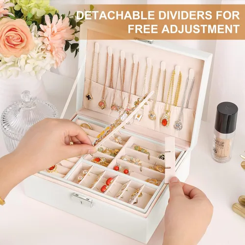 Vista 3 de Joyero organizador para mujeres y niñas, 2 capas de cuero, estuche de almacenamiento de joyas de viaje con cerradura y bandeja extraíble