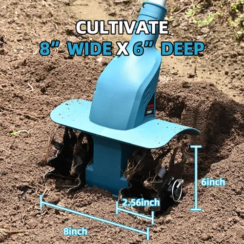 Vista 8 de Cultivador de suelo sin cable de 21 V, cultivador de jardín de 8 pulgadas de ancho con batería de 4.0 Ah, cultivador con dientes de acero y pantalla