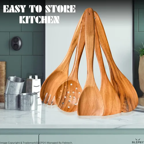 Vista 6 de Juego de 6 cucharas y utensilios de madera para cocinar, herramientas de cocina de madera de teca de acabado liso con agarre cómodo, cucharas