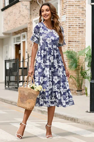 Vista 3 de STYLEWORD Vestido largo de verano para mujer, estilo casual, manga corta, cuello redondo, escalonado, largo por debajo de la rodilla, hawaiano