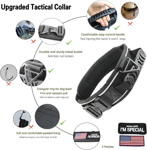 Vista 5 de Collar táctico de 2.5 pulgadas para perros medianos, collar de perro ajustable de nailon militar resistente con costuras reflectantes y mango