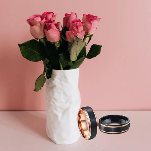 Vista 4 de Juego de anillos de promesa personalizados a juego para parejas, anillos de compromiso de oro rosa negro para mujeres de 0.315in y hombres, anillo