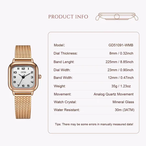 Vista 4 de Reloj cuadrado de oro rosa para mujer con esfera de números arábigos pequeños, pulsera de acero inoxidable, movimiento de cuarzo, resistente al agua